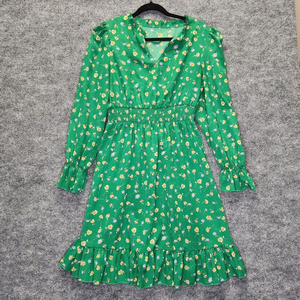 Womens Midi Dress OS Floral Smocked Ruffle Long Sleeve Feminine Flower Romantic